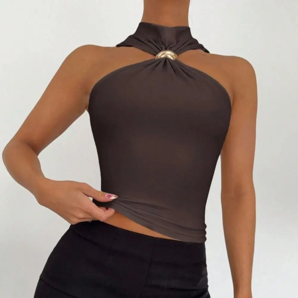 Elegant Ruched Halter Neck Top Cropped Solid Color Sleeveless Tank Top Stretchy Metal Ring Fitted Blouse Casual Wear