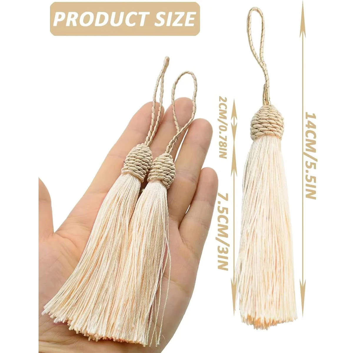 20/10, 2 Pieces 5.5inch Tassels with Threaded Caps, Beige Cord Loops Suitable for Making Keychains, Phone Lanyards, Bookmarks, Graduation Cap Decorations, and Jewelry Craft Accessories