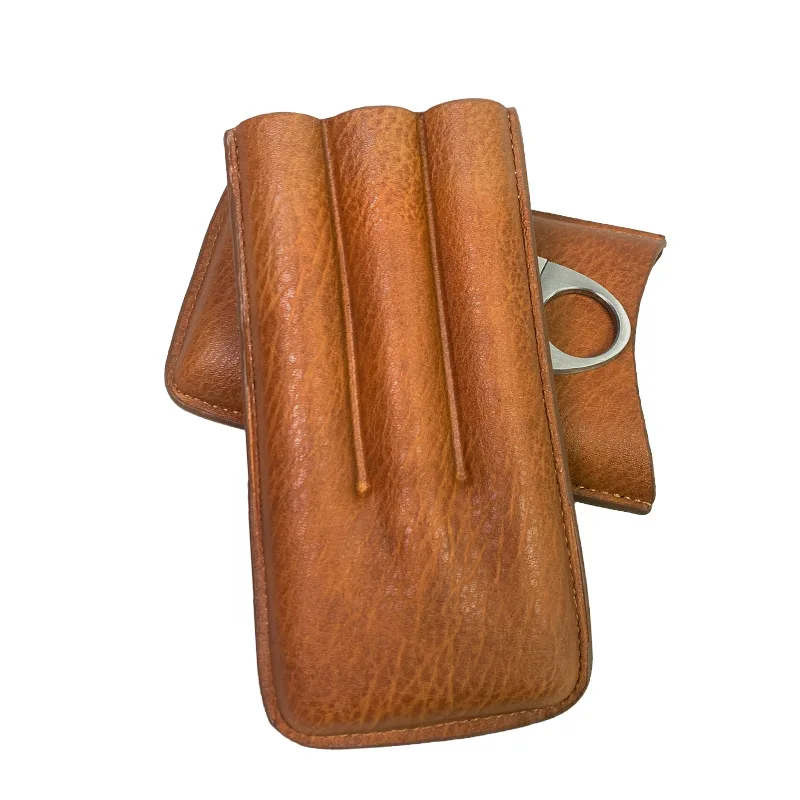 Portable Cedar Cowhide Cigar Humidifier Box With Cigar Cutter Travel Leather Cigar Case