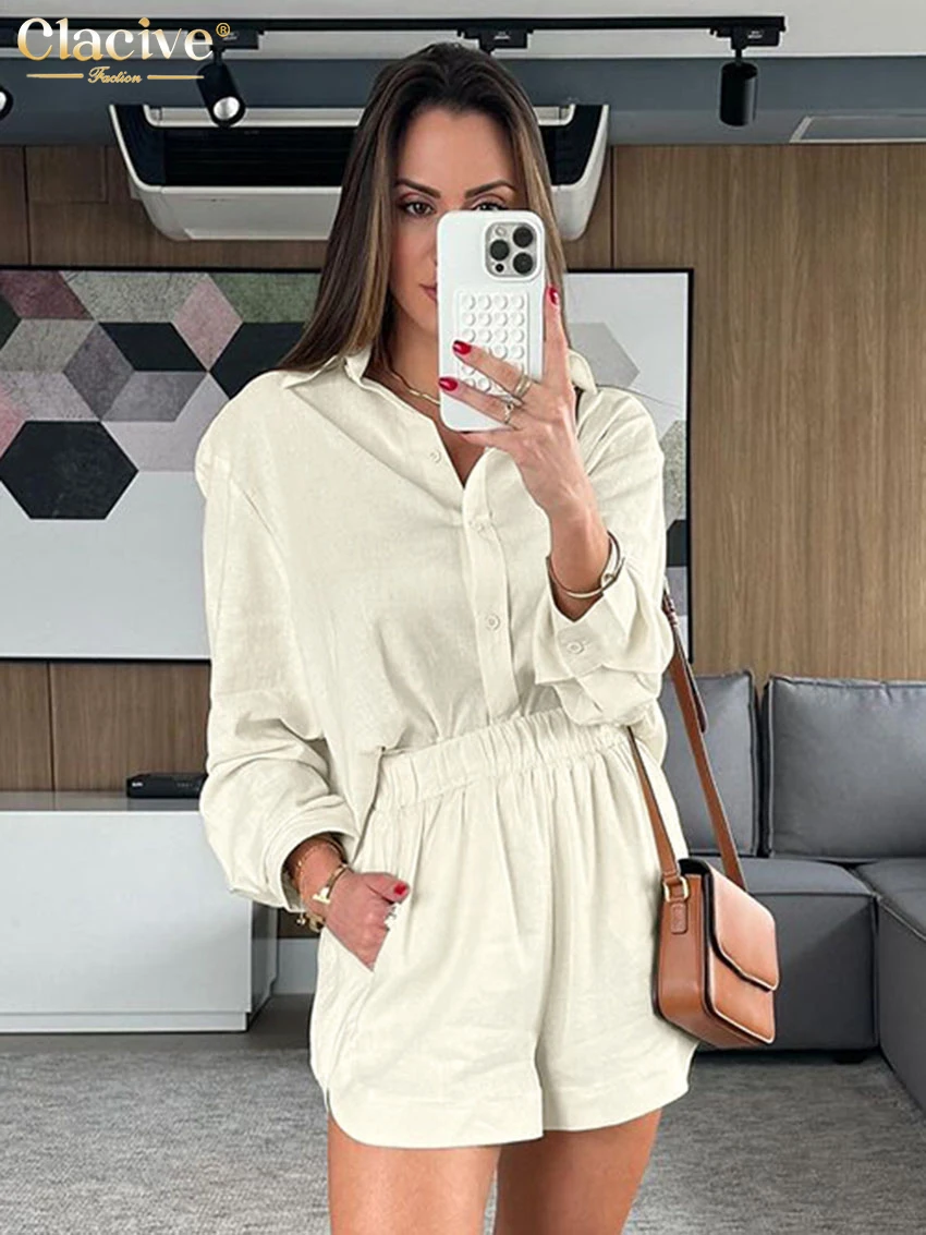 

Clacive Casual Loose Beige Cotton Women's Two Pieces Set 2025 Elegant Long Sleeve Shirt With High Waist Shorts Set Female