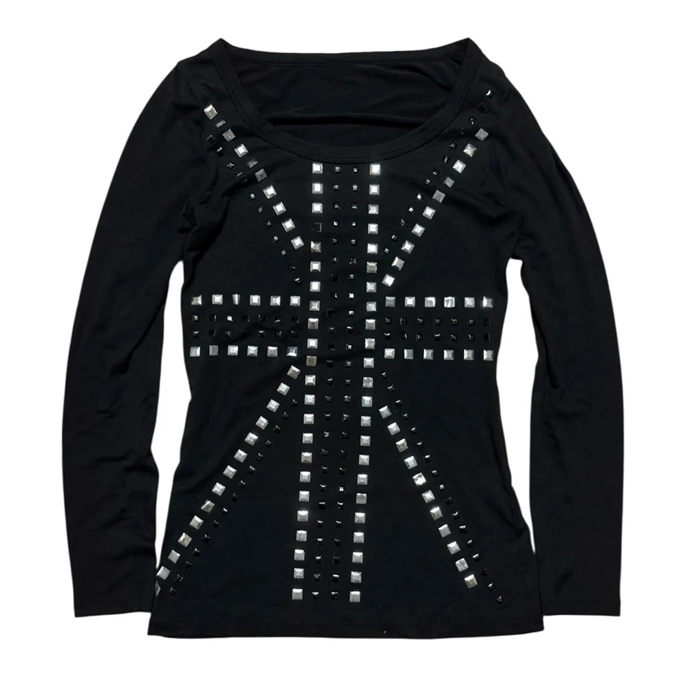 Autumn and winter vintage Gothic rivet cross pattern long-sleeved slim-fitting T-shirt casual street top