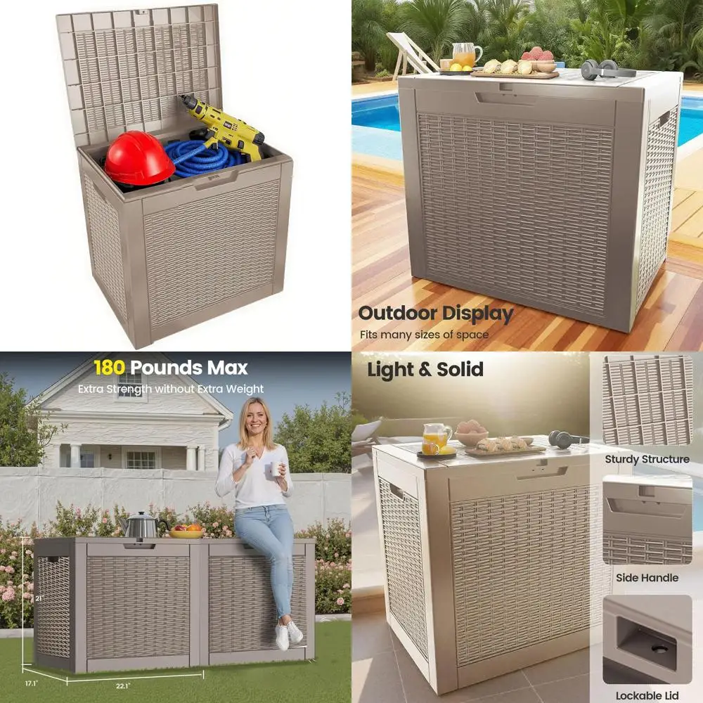 

31 Gallon Lockable Resin Rattan Storage Box - Waterproof Outdoor Deck Box for Patio Cushions, Garden Tools & Package Delivery, B