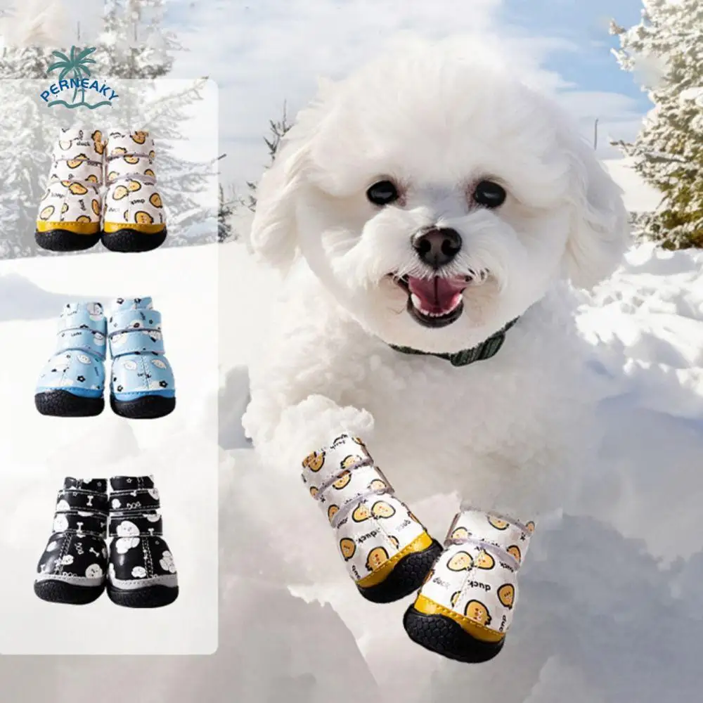 

4pcs/set Cartoon Warm Dog Shoes Waterproof Adjustable Dog Rain Snow Boots Soft Plush Anti-slip Puppy Footwear for Puppy Dogs