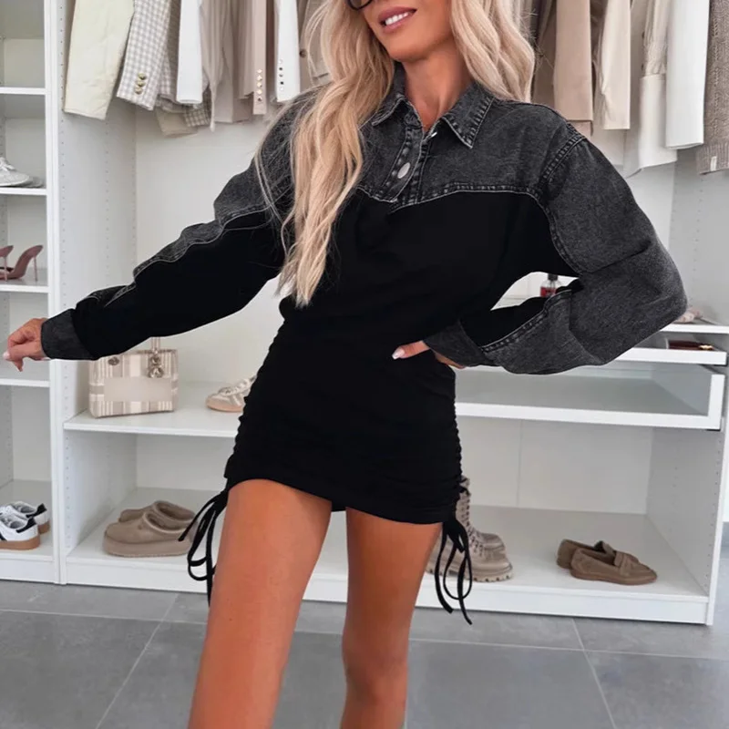 

Casual Long Sleeve Drawstring Slim Wrap Hip Dress Elegant Lapel Button Party Dress Lady Fashion Denim Patchwork Solid Mini Dress