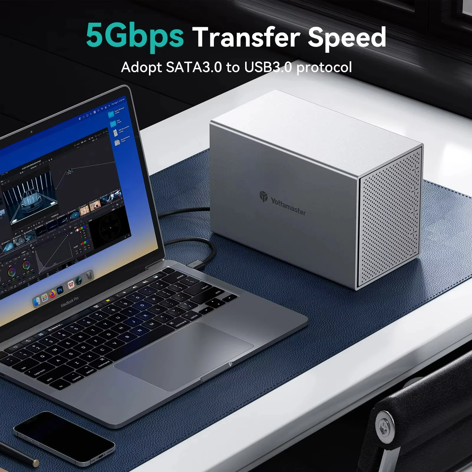 حاوية محرك الأقراص الصلبة الخارجية Yottamaster 5 Bay RAID من الألومنيوم لـ 2.5 بوصة 3.5 بوصة SATA HDD/SSD للتخزين المباشر المرفق لنسخ البيانات