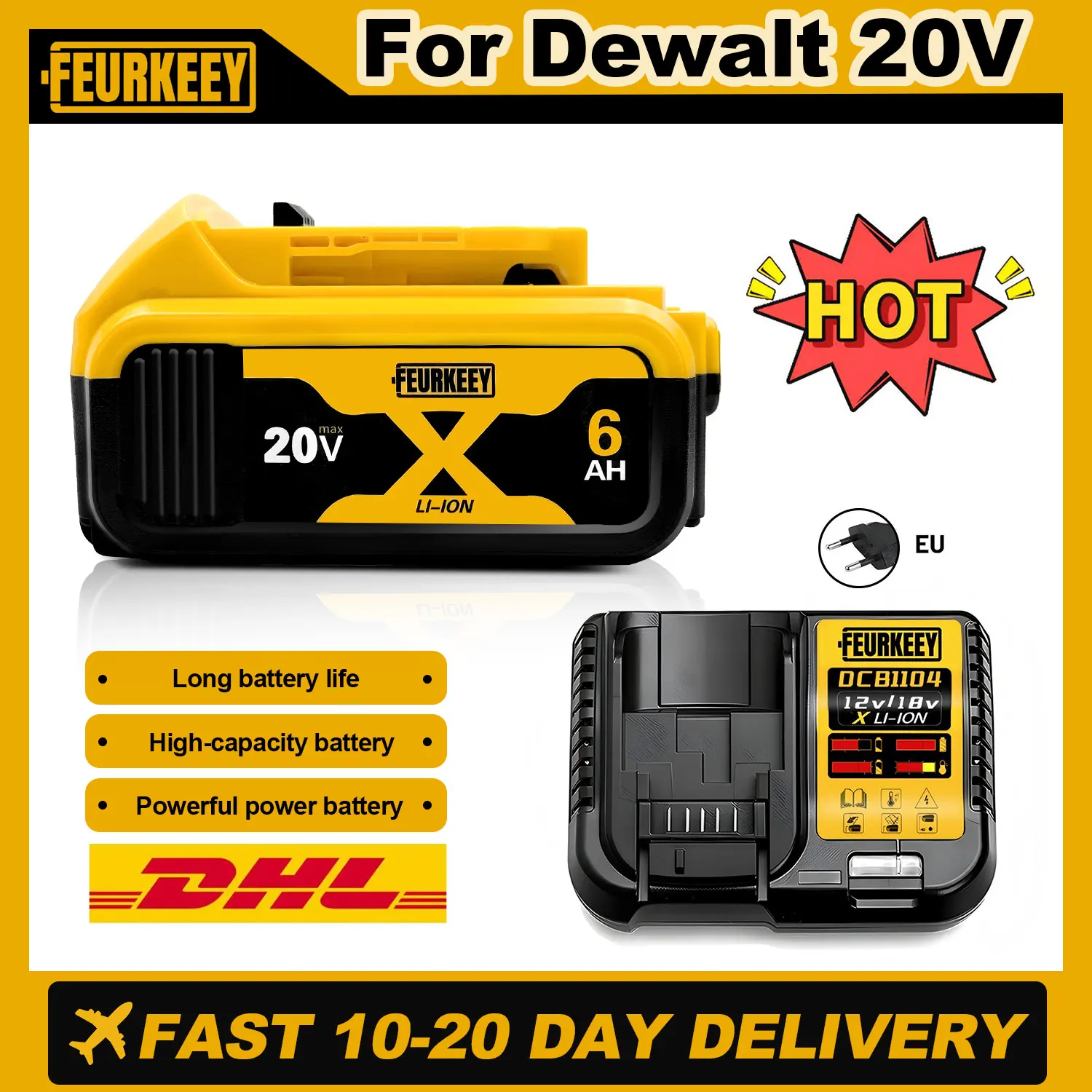 Оригинальный высокопроизводительный литий-ионный аккумулятор 6,0 Ач 20 В MAX, совместимый со всеми инструментами DeWalt 20 В MAX, для DCD791/DCF887/DCF900