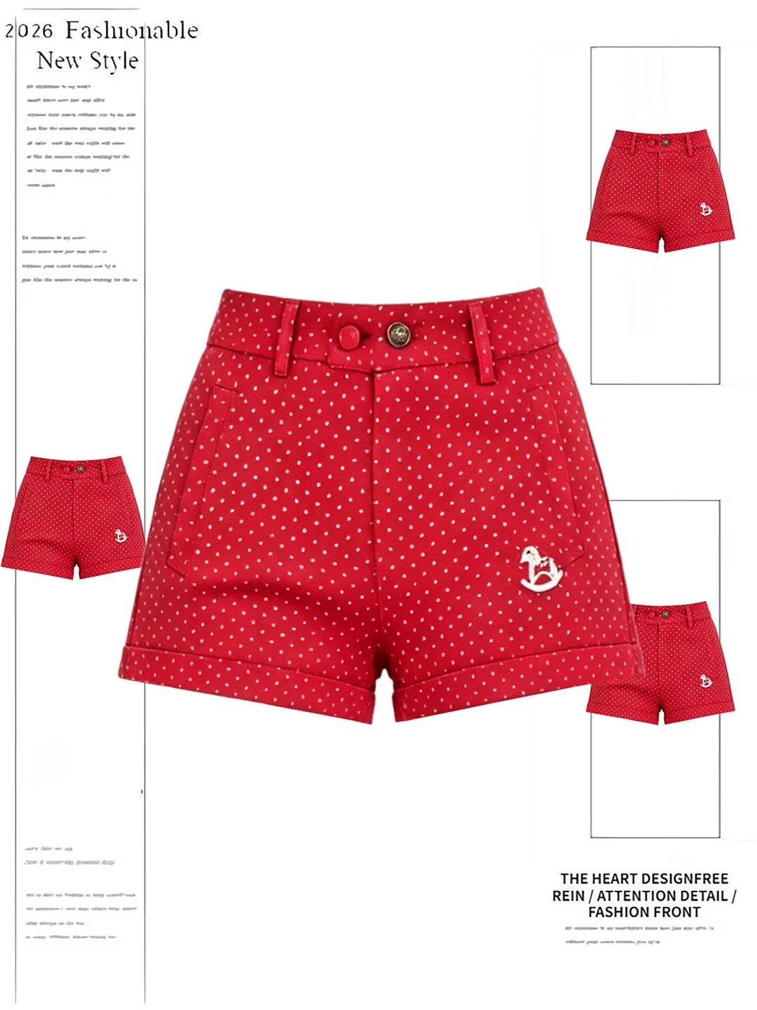 

Dopamine American Red Polka Dot Print Denim Shorts Women's Summer Vintage High Waist Straight Leg Hot Pants Casual Wear