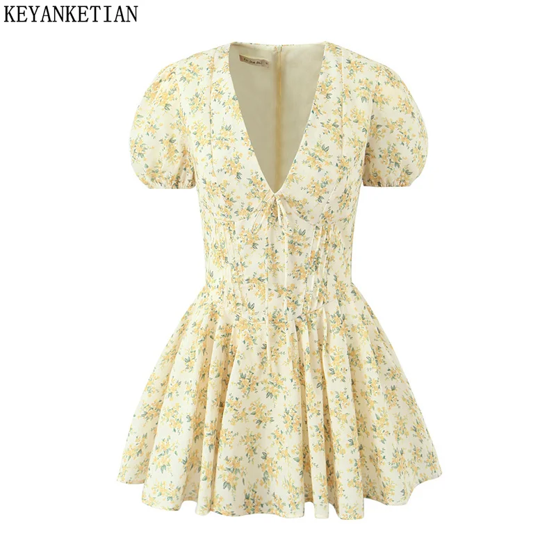 KEYANKETIAN 2024 New Launch Holiday wind Bow Decoration Flower Print Mini Dress abiti dolci con maniche a sbuffo sottili pieghettate da donna