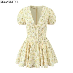 KEYANKETIAN 2024 New Launch Holiday wind Bow Decoration Flower Print Mini Dress abiti dolci con maniche a sbuffo sottili pieghettate da donna