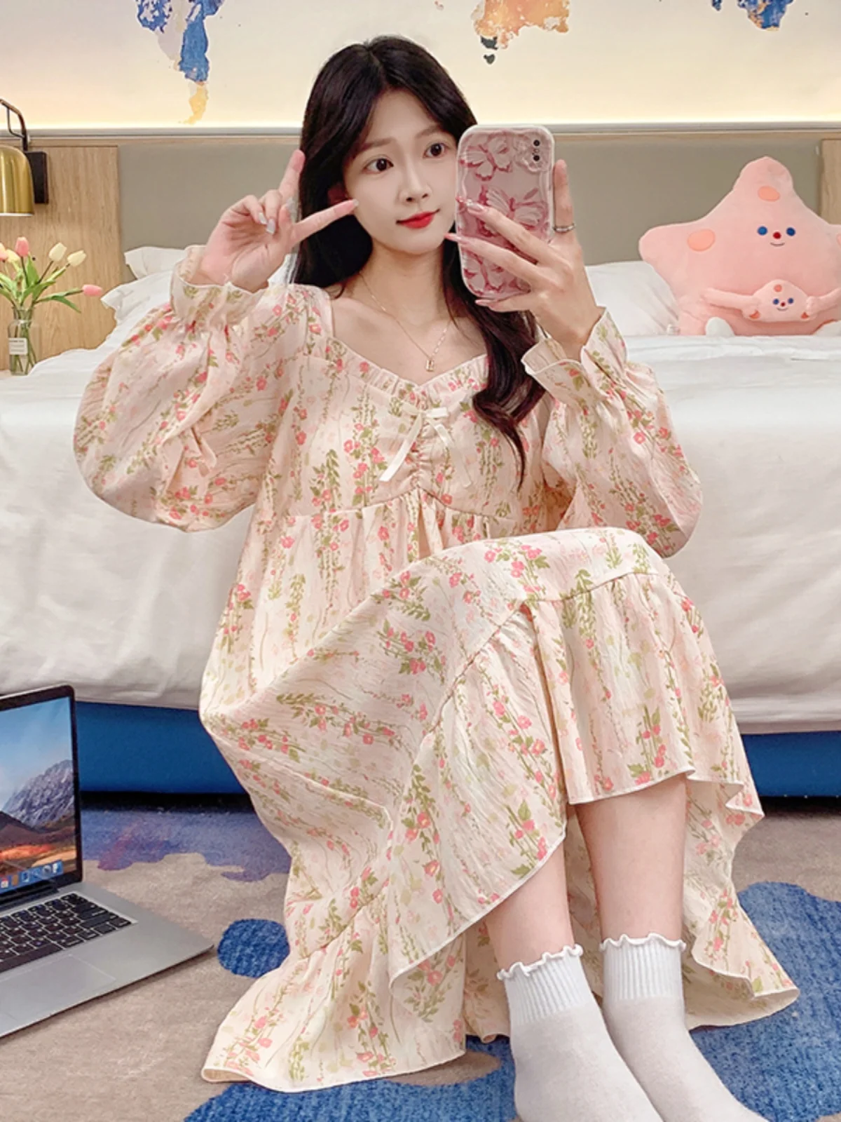 

Floral Print Retro Sle Sp Dr Women's Long Sve Cotton Materni Nightgown with Chest Pad Autumn New plus Size