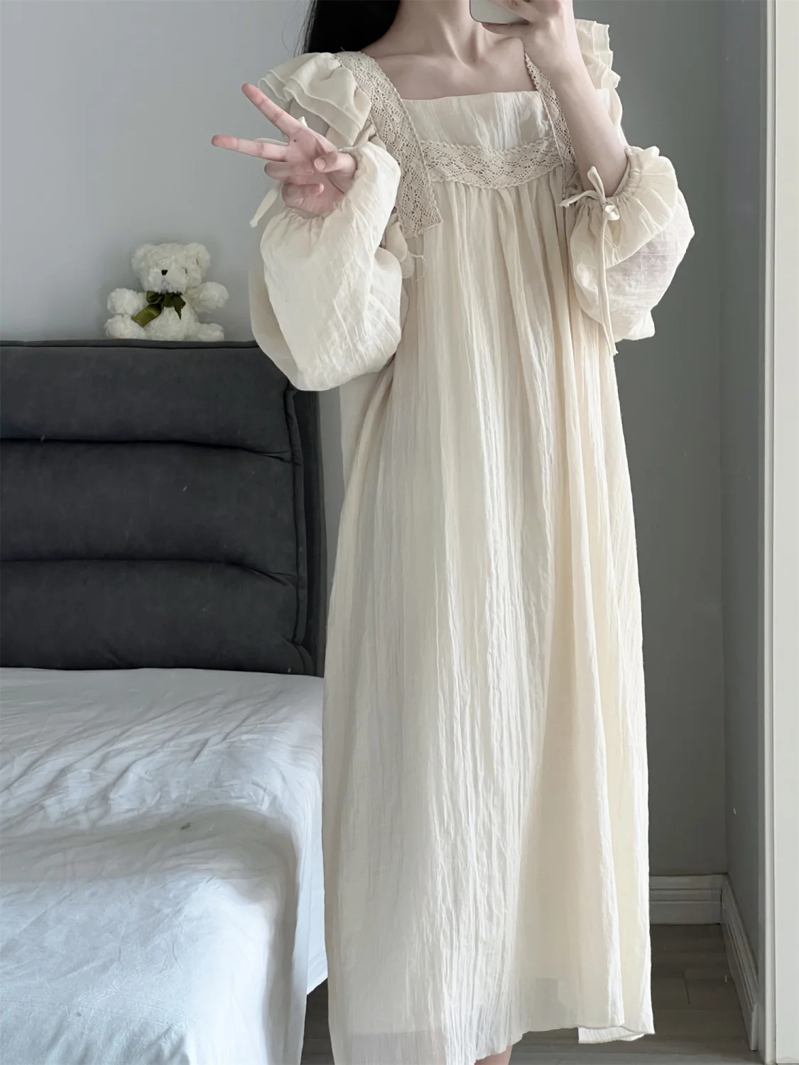 Women Spring Solid Linen Pajamas Dress Female Lace Trim Puffle Sleeves Nightdrss Students Long Dress Oversize Home Clothing 4XL