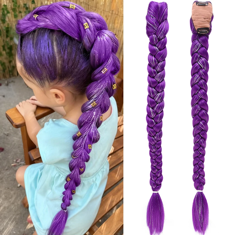 

Purple Braided Hair Ponytail Extensions for Kids Shiny Purple Braids with Tinsel Hair for Kids Party Cosplay Use Purple Wig Hair