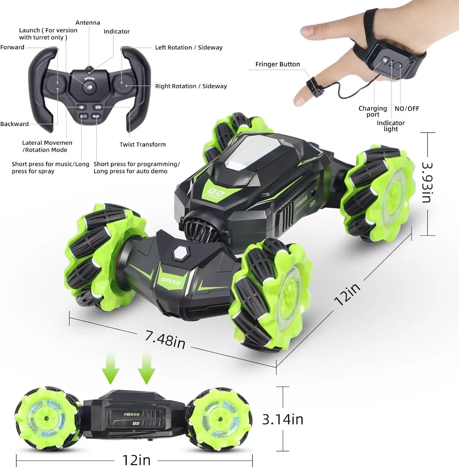 RC Car Shooting Soft Bullets, Remote Control Hand Gesture Stunt Drift Truck, 360° Rotating Battle Tank with Soft Bullets, Water Bomb, Spray, Music, LED Lights, Toy Gift (Green)