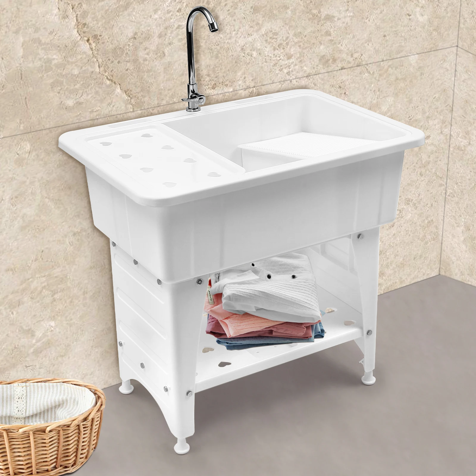 Utility Sink Laundry Tub with 220.46 lbs Capacity, Adjustable Feet, 360° Rotatable Faucet, Removable Washboard, Easy Installatio