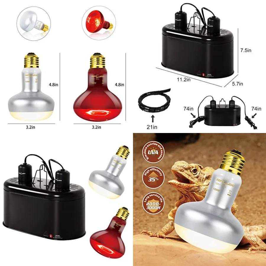 

Reptile Dual Lamp Fixture Heat Lamp Bulb Combo Pack Includes 100W UVA Daylight Heating Lamp and 100W Infrared Heat Emitter Infr