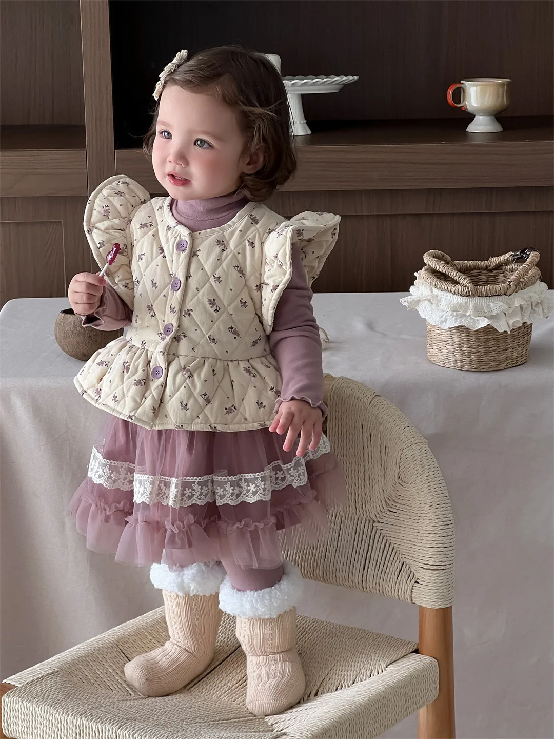 2024 Winter New Baby Girls Sleeveless Warm Vest Jacket Plus Velvet Thick Girls Floral Cardigan Coat Infant Toddler Padded Vest