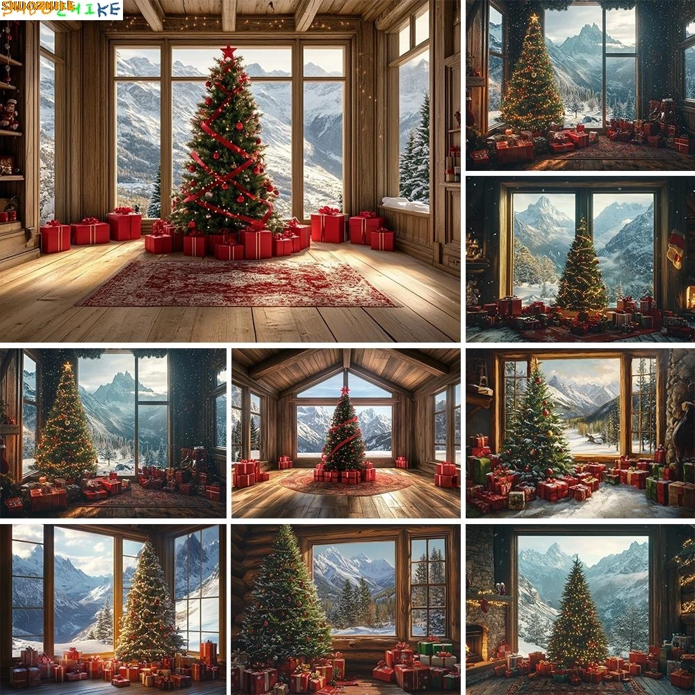 

Photography Background Winter Christmas Window Gifts Xmas Tree Kids Family Holiday Portrait Decor Backdrop Photo Studio