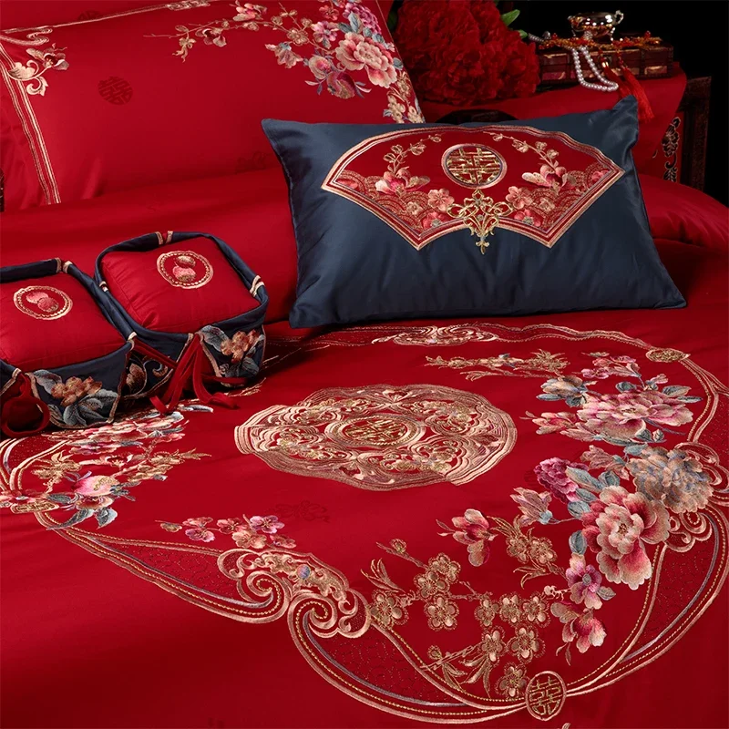 Wedding 4-piece bedding set with bright red embroidery, celebrating the sixth wedding anniversary