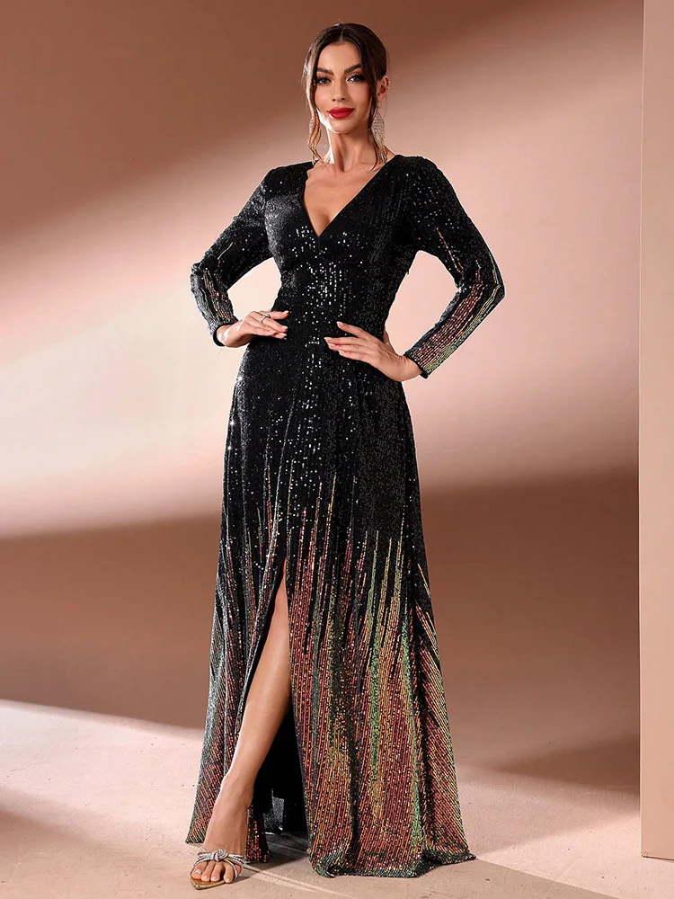 

TOLEEN 2024 Women Split Hem Evening Gown, Random Cut Elegant Long Sleeve Formal Prom Wedding Guest Dress, For Graduation, Dinner