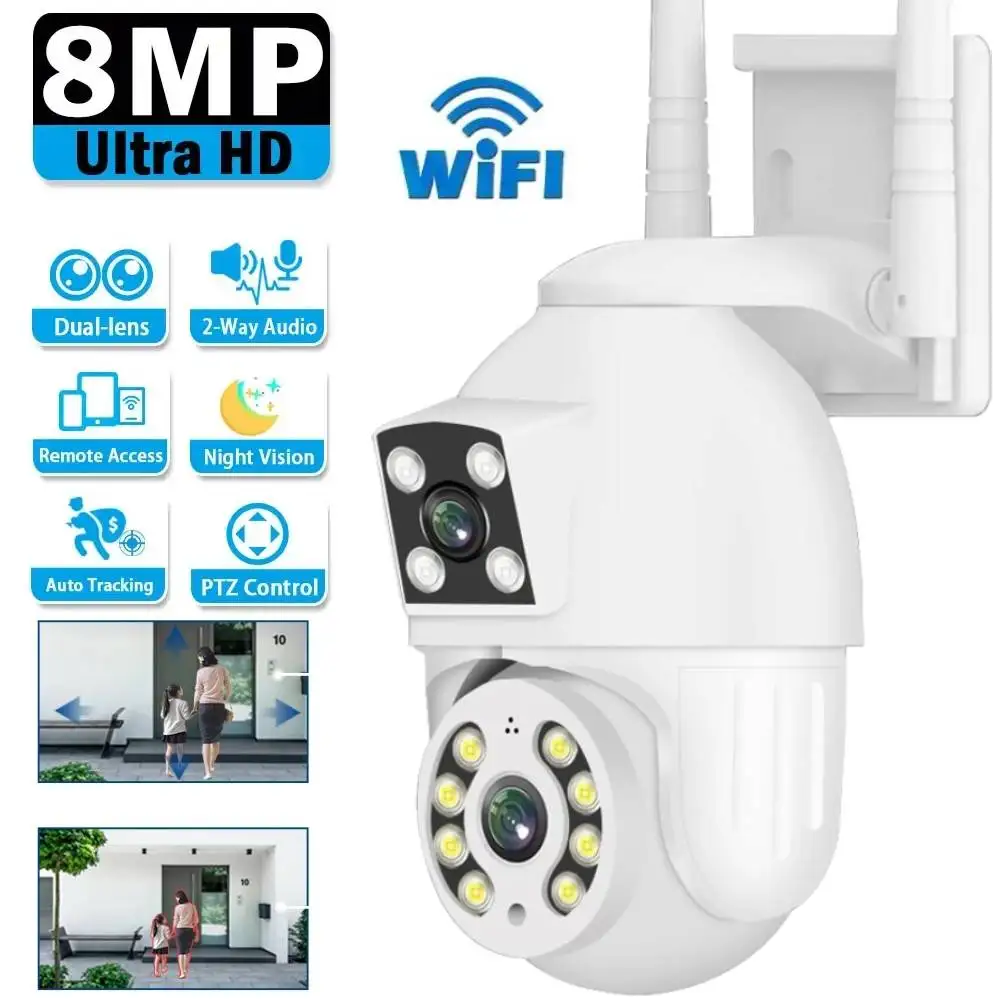 Telecamera HD da 8 MP Telecamera di monitoraggio di sicurezza WIFI wireless esterna a doppia lente Telecamere audio bidirezionali Allarme di