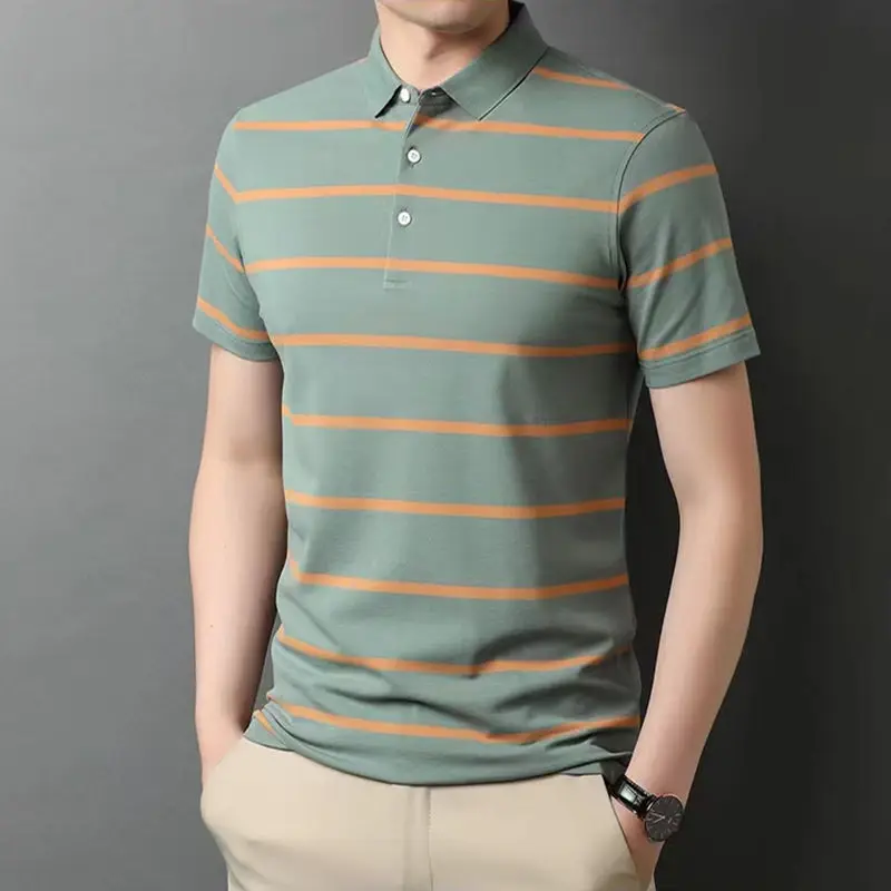 

Classic Loose Pullovers Striped T-Shirts Simplicity Button Short Sleeve Office Business Casual Turn-down Collar Men's Clothing