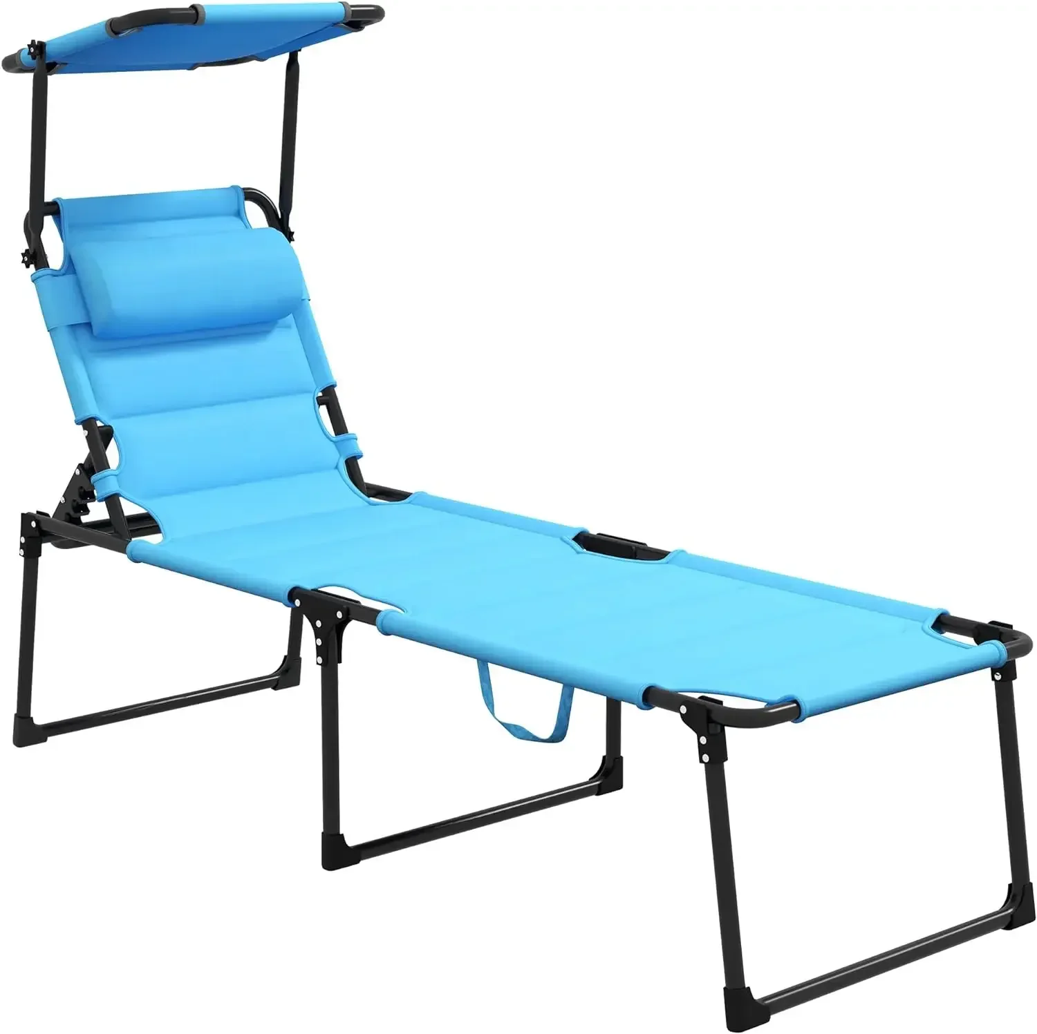 Outdoor Lounge Chair, Adjustable Backrest Folding Chaise Lounge, Cushioned Tanning Chair w/Sunshade Roof & Pillow Headrest