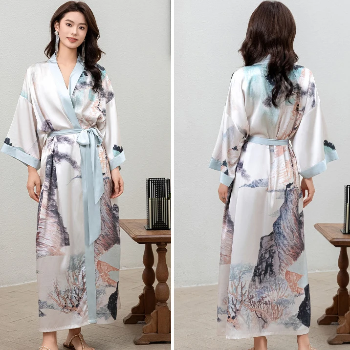 Women Rayon Bathrobe Long Large Size Nightgown Kimono Gown Print Flower Home Clothes New Spring Nightwear Intimate Lingerie