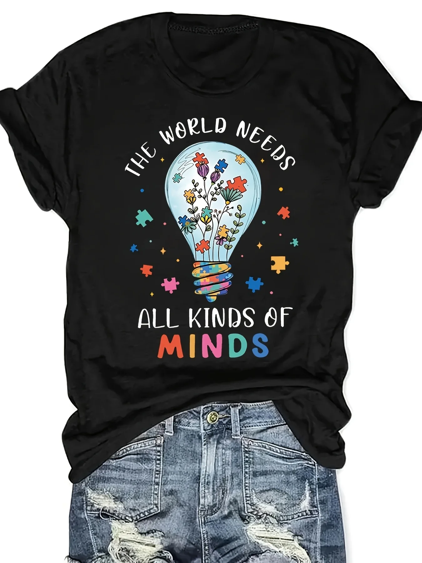Women's The World Needs All Kinds of Minds Fun Print Casual Top Summer Women T-Shirt Humorous Short Sleeve Aesthetic Stylish Tee