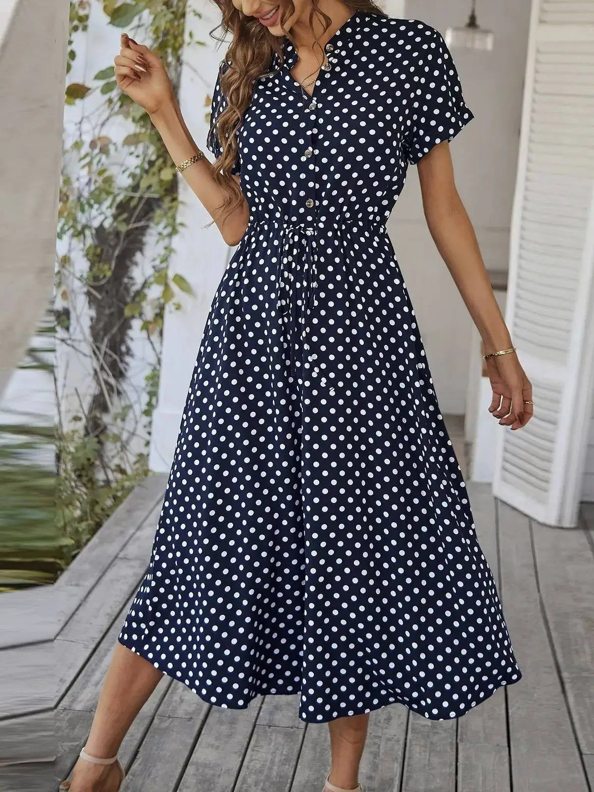 

Ele Retro Polka Dot Midi Dr Women's Summer V Ne Cleanfit H Version Tee-quarter Sve 00% Linen Ciwalk Dr