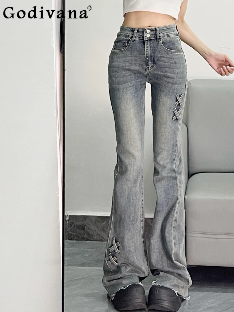 

Large Size 2XL-6XL Retro Blue Leisure Sexy Bootcut Jeans Women New Spring High Waist Age Reduction Fashion Versatile Trousers