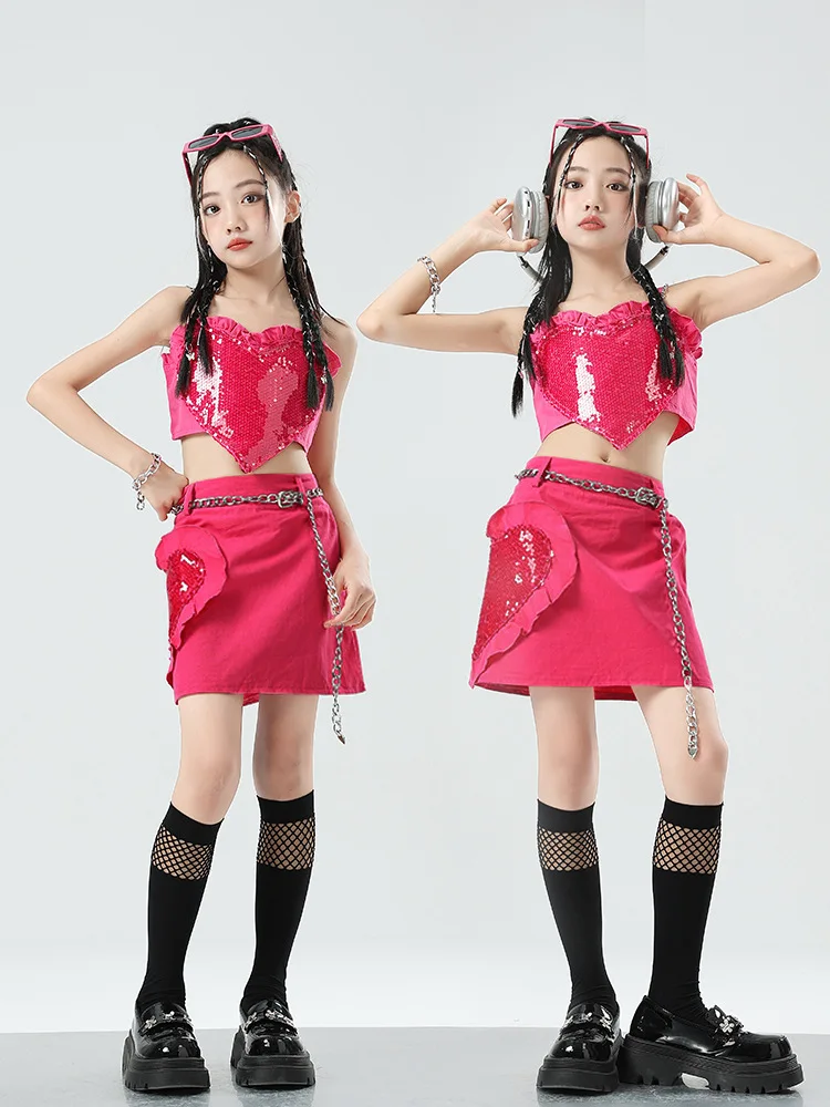 K-pop Clothes Girls Jazz Dance Costume Kids Dance Show Tide Costume Set Pink Set Vest + Skirt Girls Street Dance Clothes