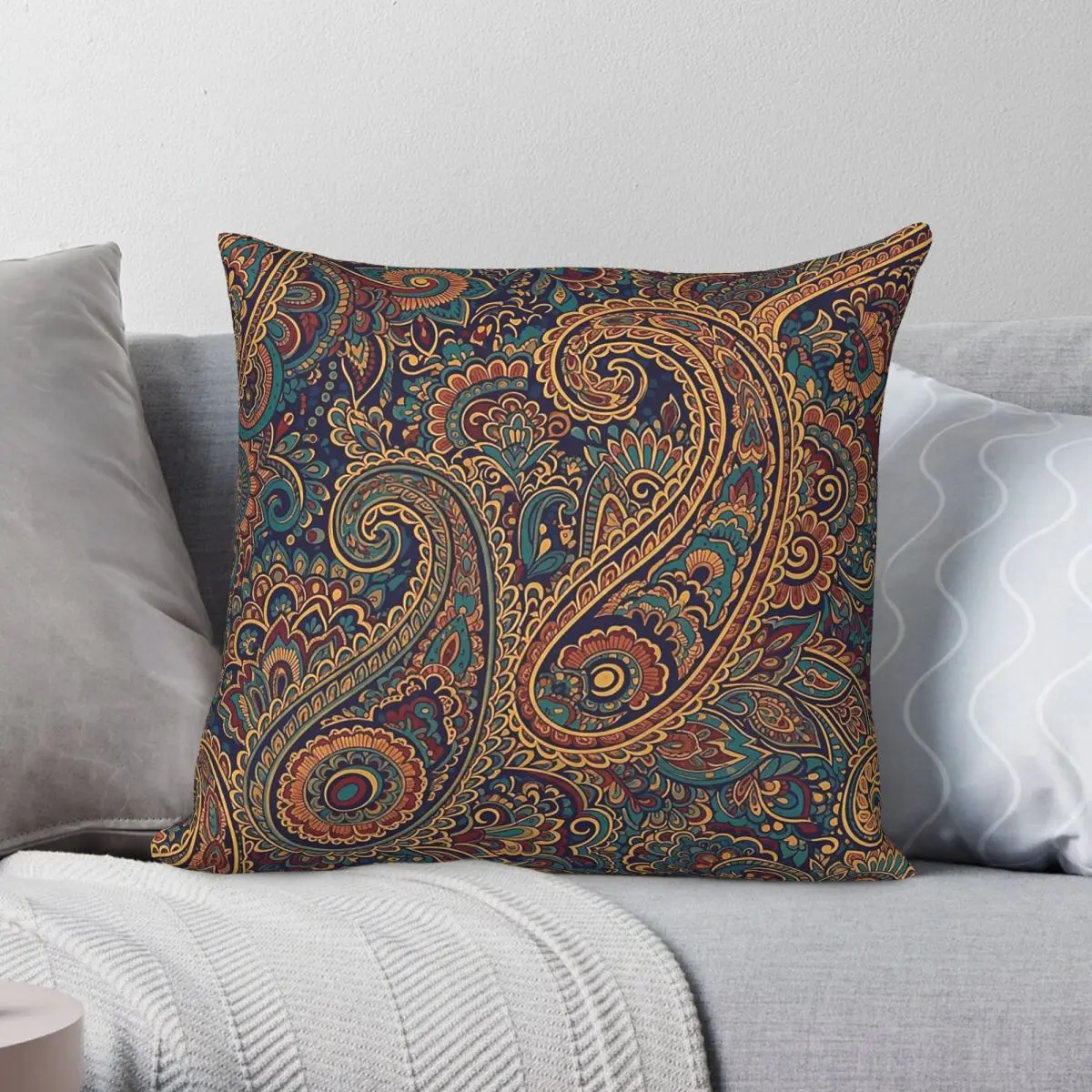 Intricate Jewel Tone Paisley Square Pillowcase Polyester Linen Velvet Creative Zip Decor Throw Pillow Case Car Cushion Case
