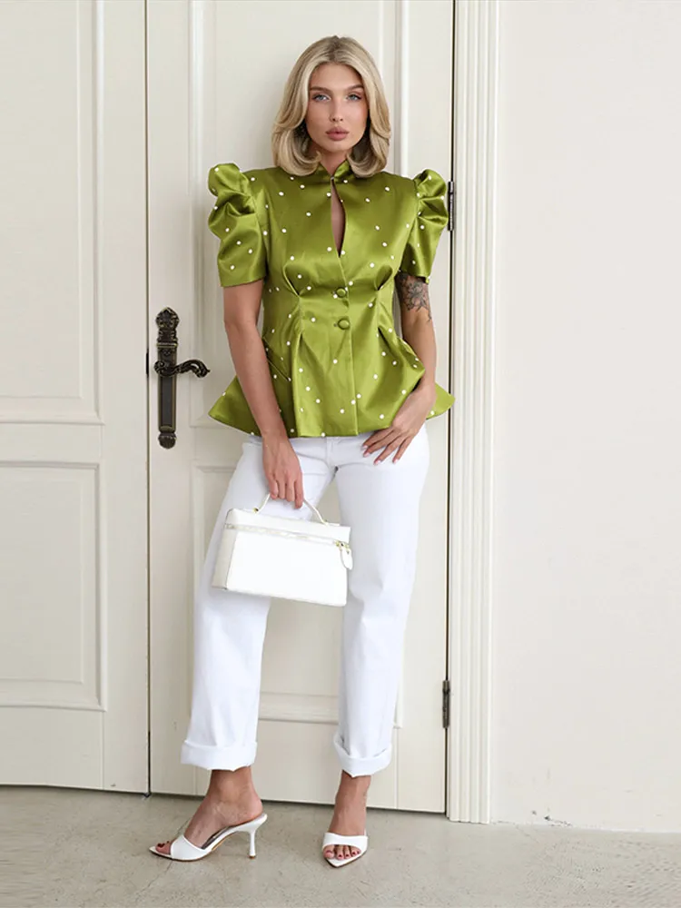 Bedruckter Taillierter Dünner Blazer für Damen Eleganter Stehkragen Puffärmel Kurze Ärmel Schlanker Mantel Schicke Büro-Damen-Oberteil Neue Oberbekleidung – Detail 8