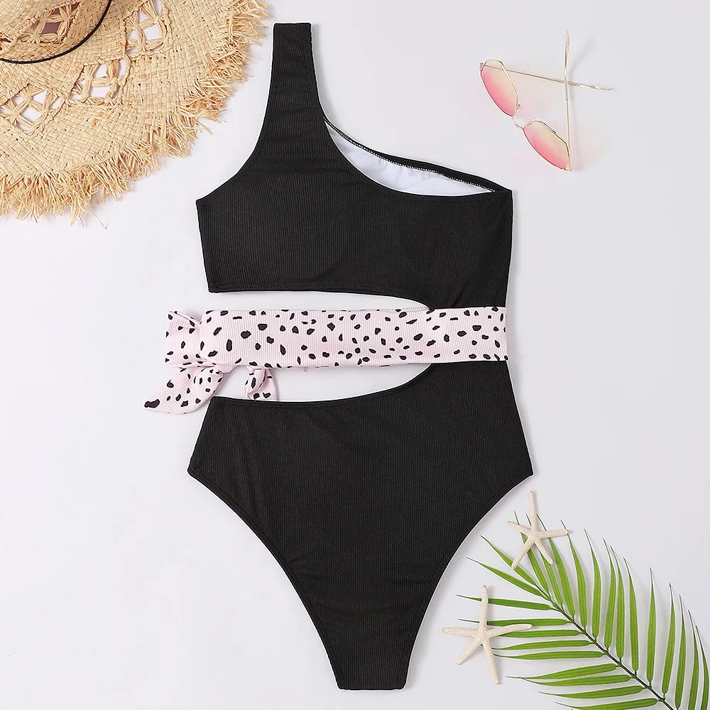 One-shoulder Swimsuit One Piece Swimsuit Ribbed Cut Out Tie Side Push Up Monokini Bathing Suit Bodysuit Beach Wear Female Outfit