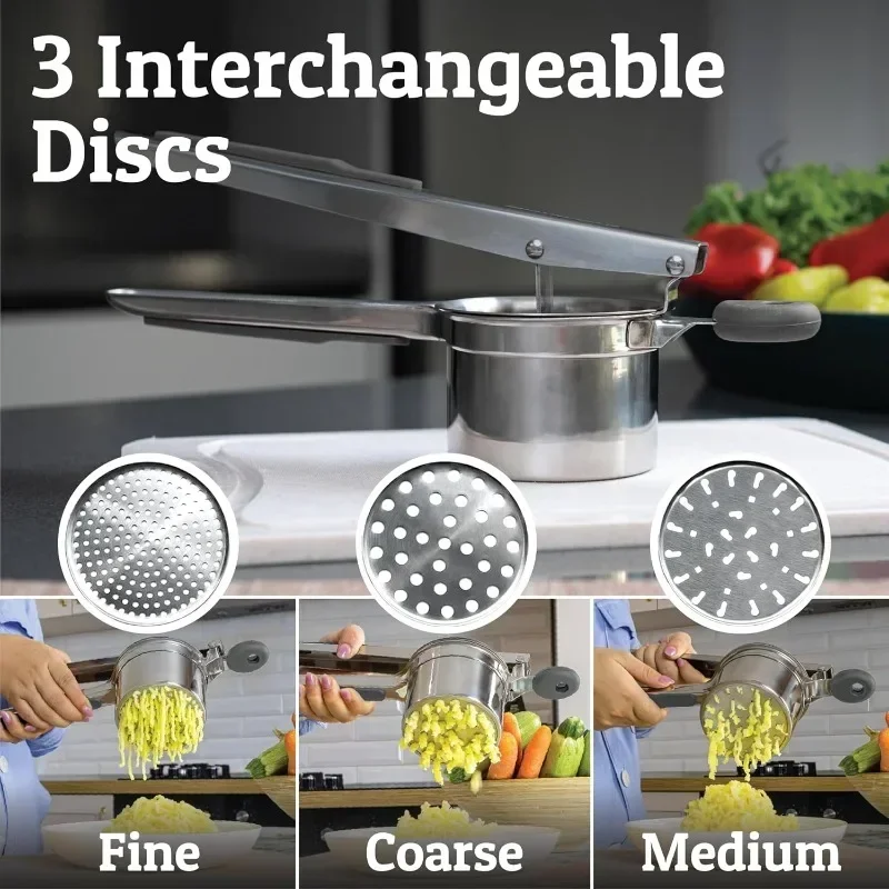 Stainless Steel Potato Masher and Ricer Fruit & Vegetable Tools  with 3 Interchangeable Discs Press Mash For Mashed Potatoes