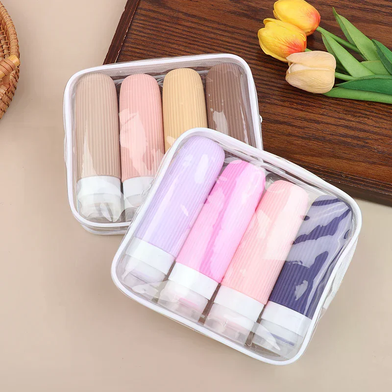 4 قطعة/المجموعة سيليكون زجاجات السفر 90 مللي حجم السفر الحاويات مانعة للتسرب إعادة الملء السائل للعصر واضح حقيبة أدوات الزينة #2