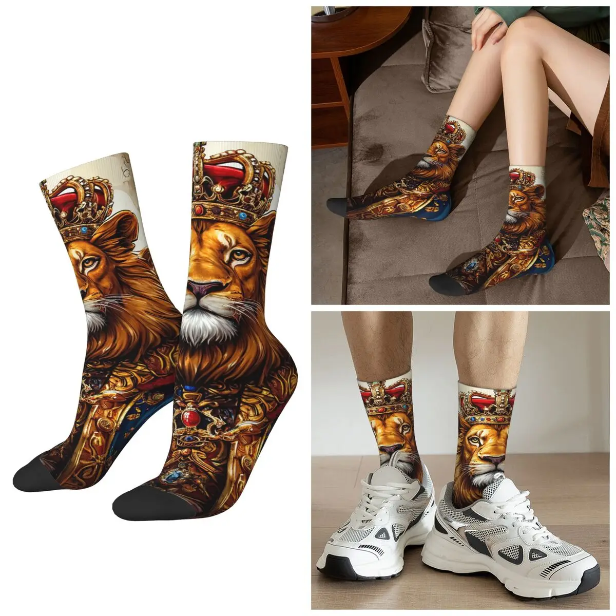 

Всесезонные носки с изображением коронации льва, спортивные носки в стиле Харадзюку, забавные чулки для мужчин и женщин, подарки