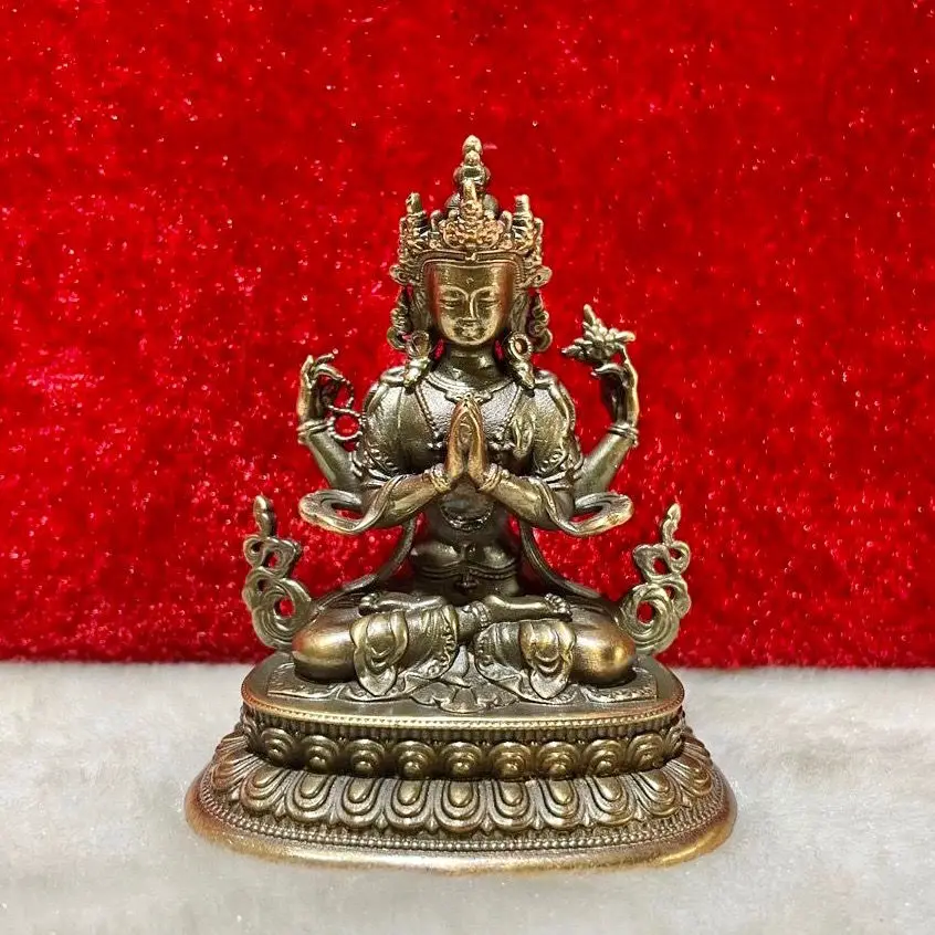 Brass made old four-armed Guanyin Buddha ornaments, small Buddha statues