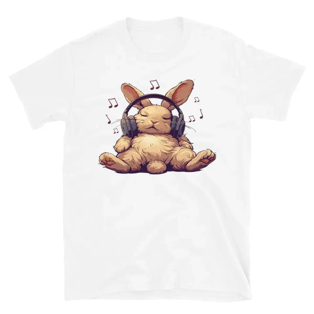 Cute Rabbit Listening Music T-Shirt - Novlety Funny Unisex Tee For Men Clothing Women Tees 100%Cotton Short Sleeve