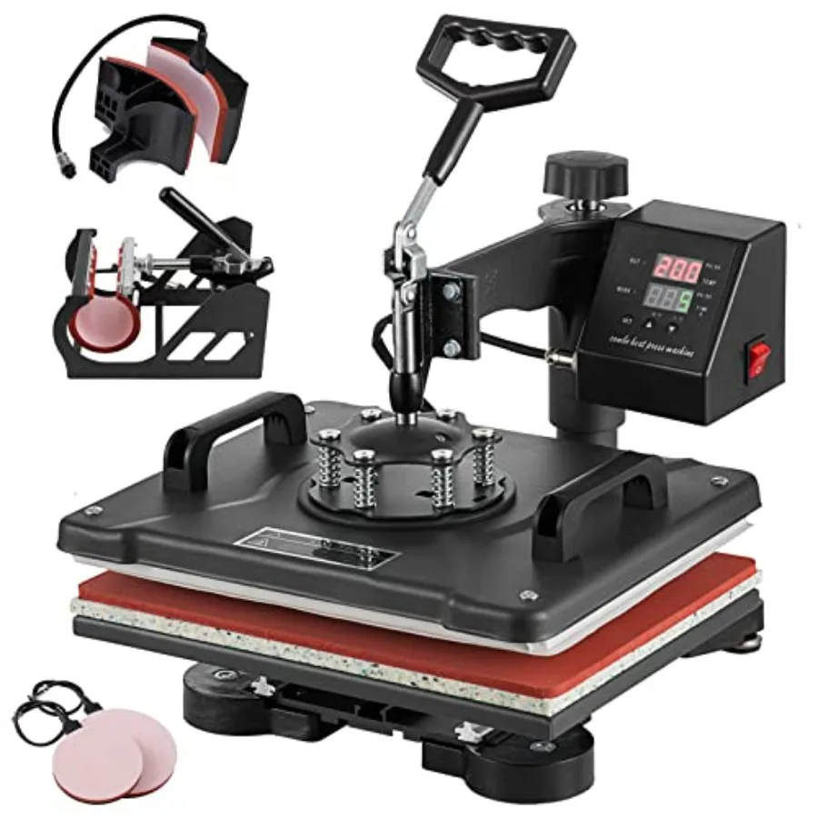 Sublimation heat press machine for T-shirts, hats, caps, mugs, plates; aluminum alloy body; black; precise temperature and time