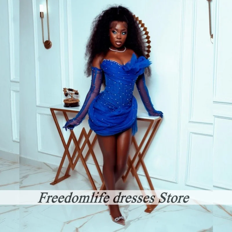 Koningsblauw uit de schouder galajurk Nigeriaanse meisjes luxe kralen verjaardagsjurken voor vrouwen 2025, op maat gemaakte homecoming-jurken