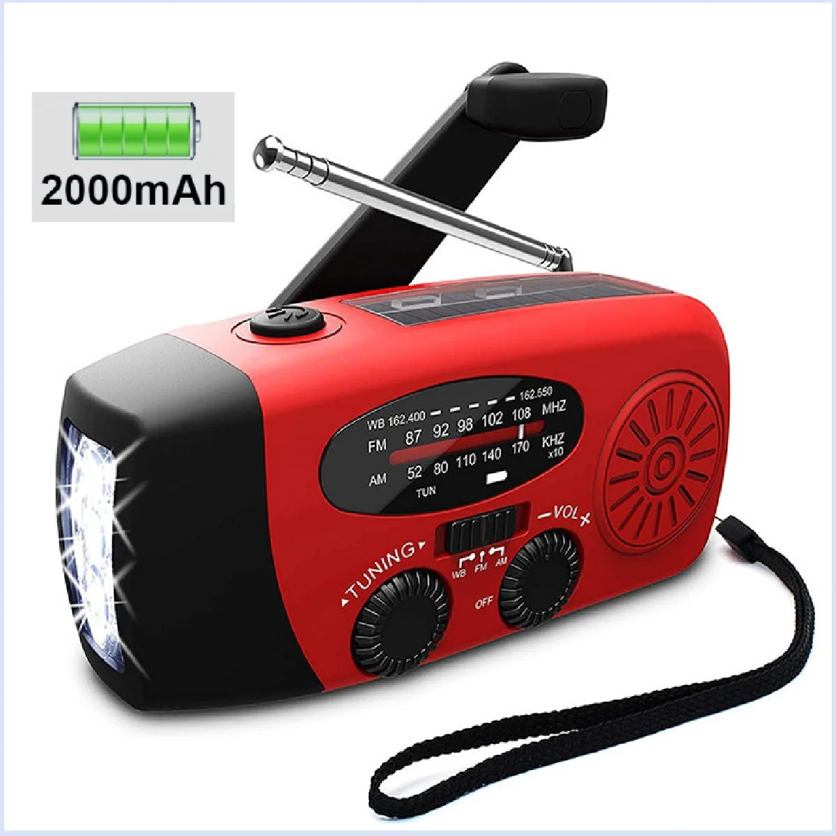 Campinglamp op zonne-energie met handslinger en AM/FM-radio Buiten 2000 mAh USB-opladen Multifunctionele handdynamo LED-zaklamp
