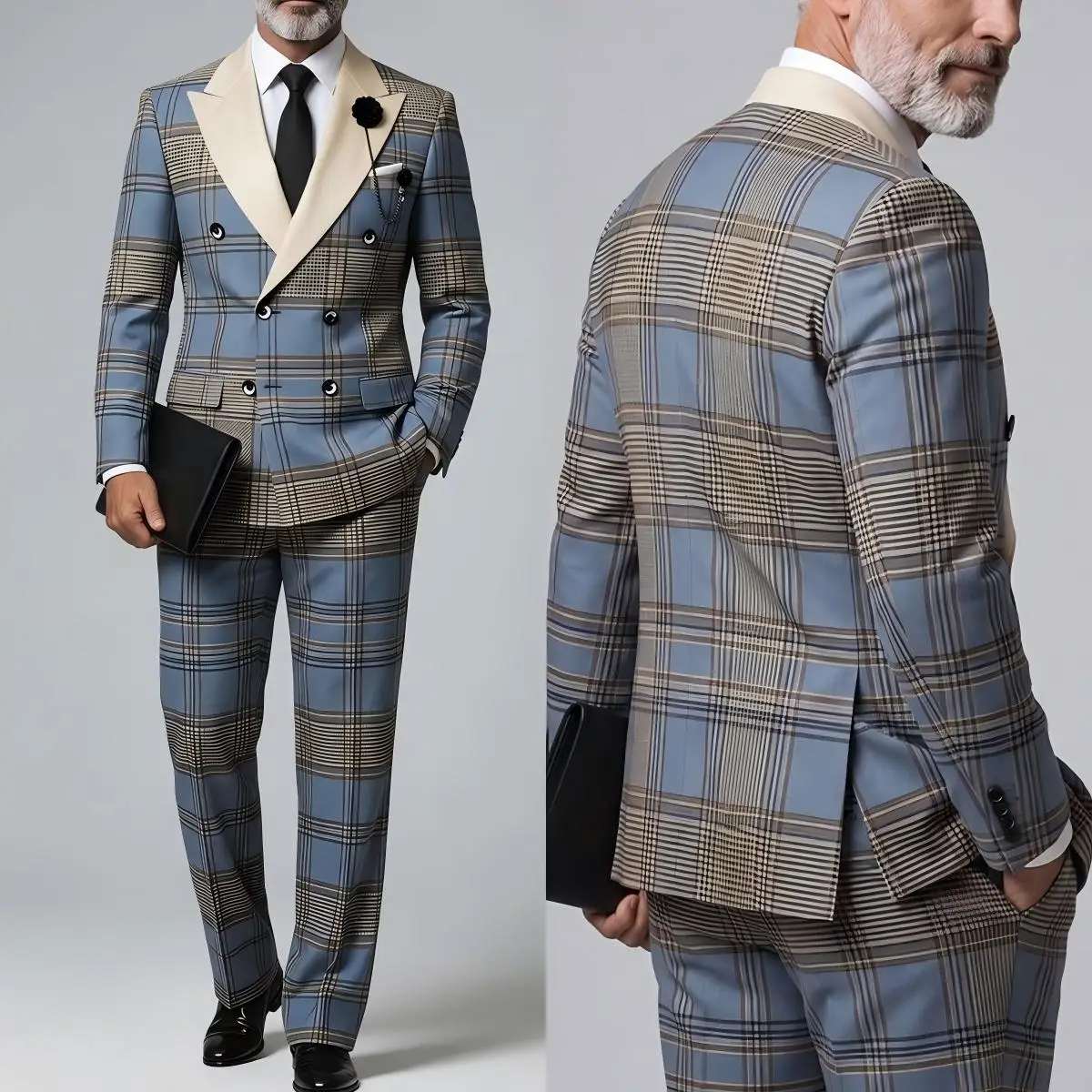 Luxury Blue Plaid Double-Breasted Suit with Contrast Cream Lapel and Flap Pockets Men Autumn Tuxedo Customized M266939