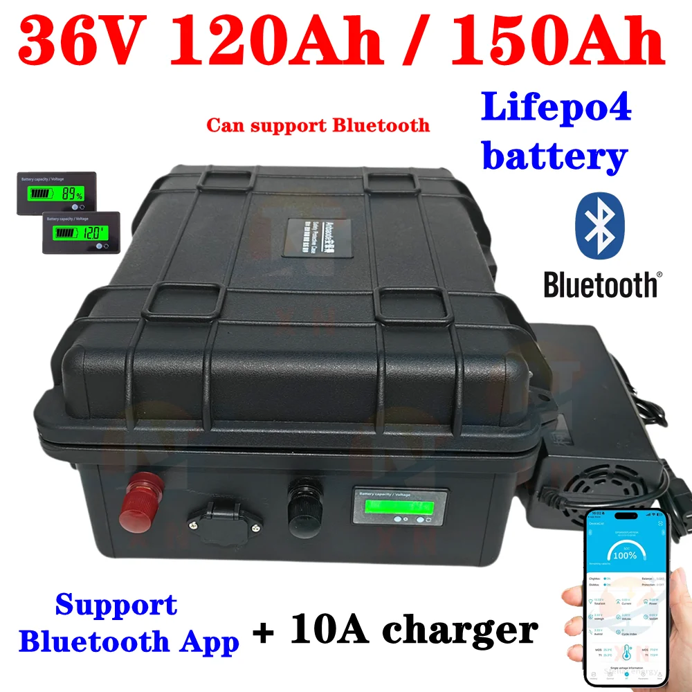 XN 36V 150AH lifepo4 36v 120Ah lifepo4 batteria al litio bluetooth APP BMS per 4000w go cart bici scooter barca + caricatore 10A