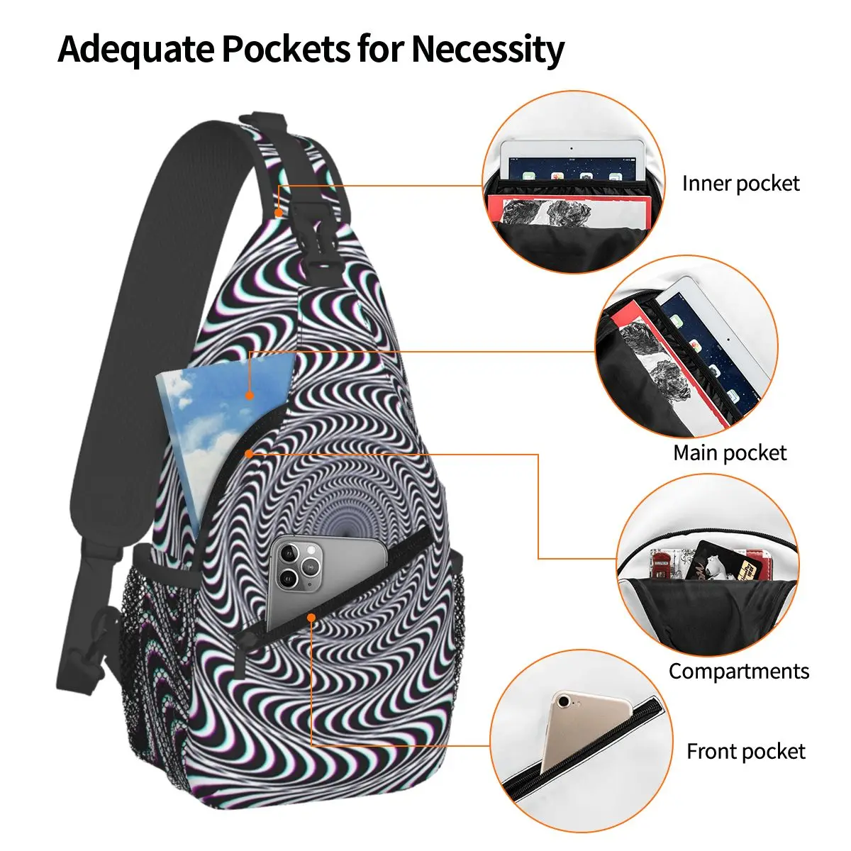Amazing Hypnotic Optical Illusion Hypnotic Psychedelic Spiral Chest Bag Men Sling Crossbody Backpack Chest Bag Shoulder Bag