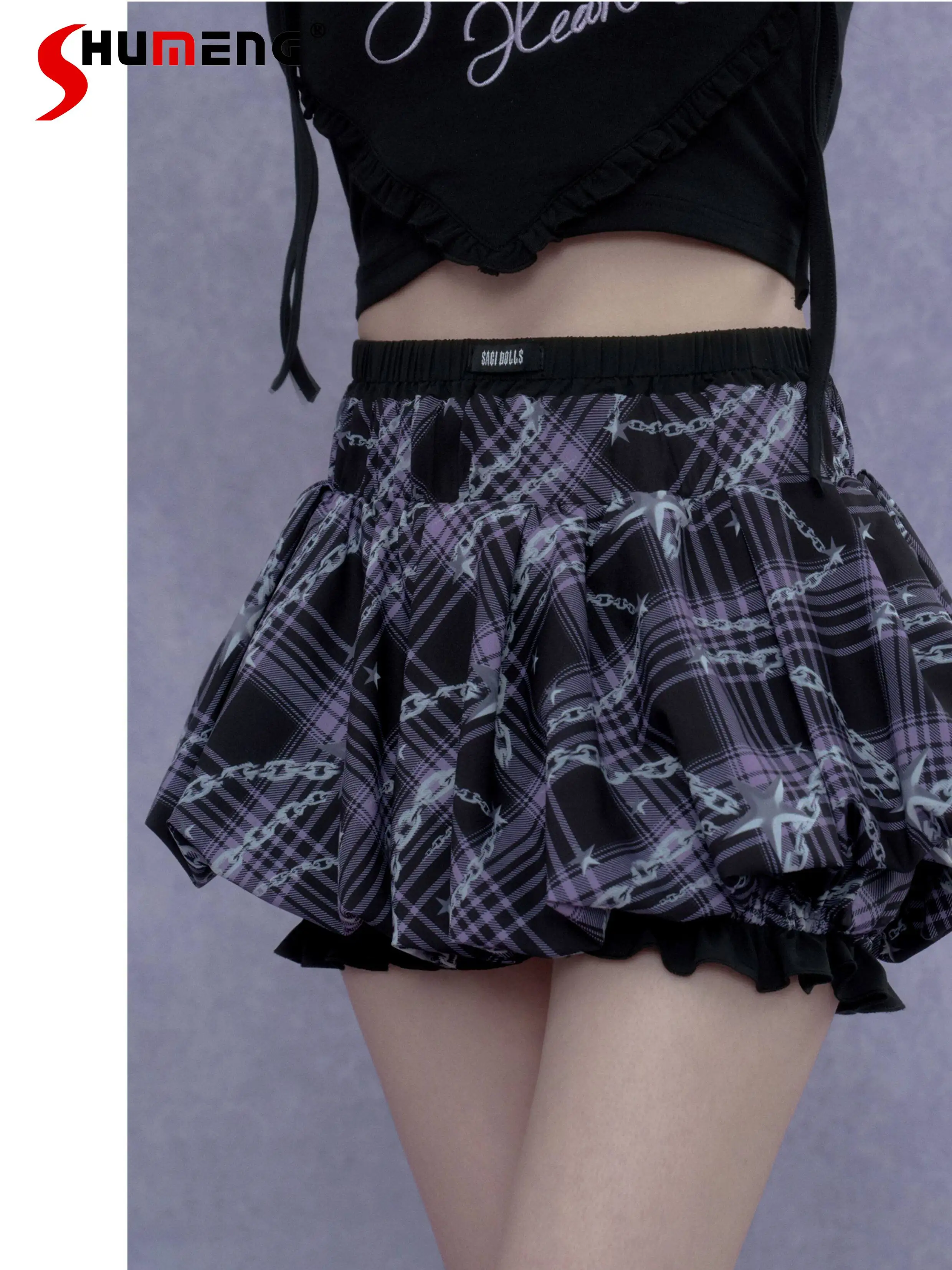 

Japanese Style Streetwear Sweet Cool Girl Y2K Mini Skirt Elastic High Waist Purple Plaid Bud Short Skrits for Women 2026 Summer