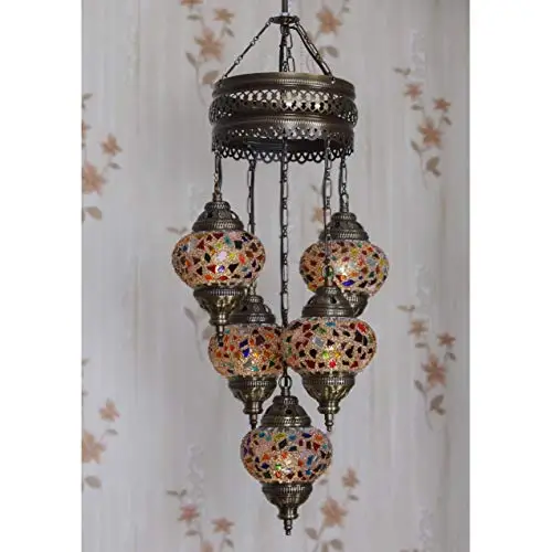 LaModaHome 40 + Unique Colors, 2020 Customizable Chandelier 5 Globes + Free 5 Bulbs, stunning Mosaic Turkish Lamp Moroccan Light