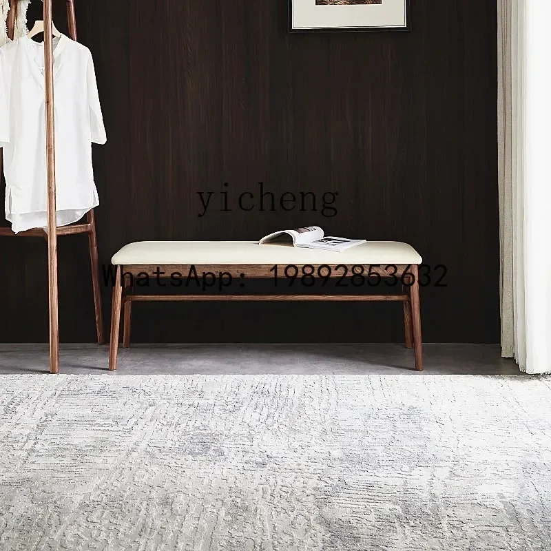 Nordischer Massivholz-Bettendhocker aus Schwarznussbaum, Holzbank mit Lederbezug, Moderner Minimalistischer Esszimmerstuhl, Schuhwechselhocker