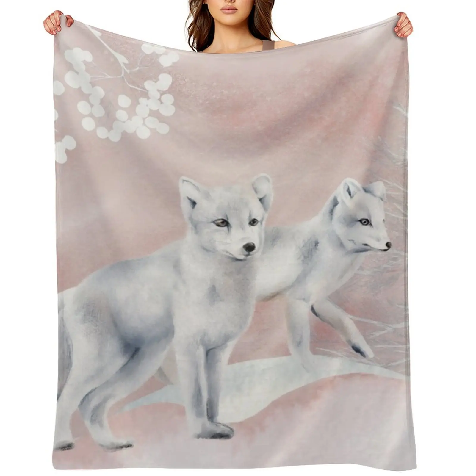 

Arctic Foxes in a White and Pastel Pink Winter Paradise Throw Blanket Flannel Fabric heavy to sleep Warm Large Blankets