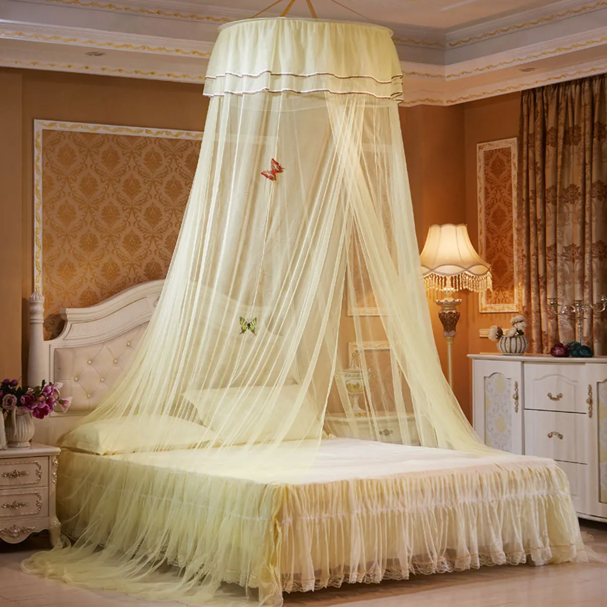 Babybed Klamboe Ronde Luifel Koepel Gordijn Duurzaam Wieg Netting Wieg Kinderbox Klein Bed Geel Netto Babybeddengoed